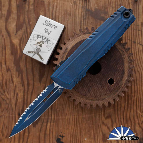 Microtech Luminary ZBP 1270-3WBLS Weathered Blue Full Serrated Blade, Weathered Blue Handle w/ Tritium Button Insert Signature Series