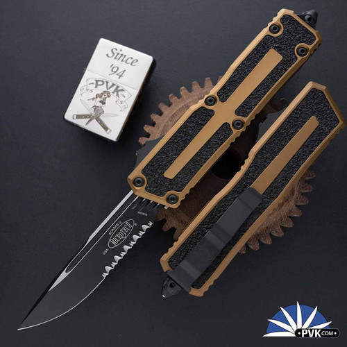 Microtech Scarab 2 Gen 3 1278-2TA Single Edge Partial Serrated Black Blade, Tan Handle