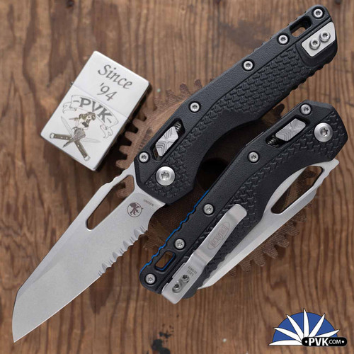 Microtech Standard Issue MSI 210T-11PMBK-A1, Stonewashed Partial Serrated Blade, Ram-Lok Black Tri-Grip Polymer W/Blue Backstrap