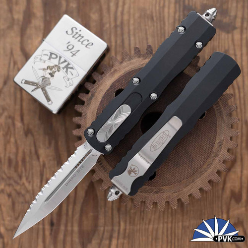 Microtech Dirac 225-6, Full Serrated Double Edge Satin Blade, Black Handle