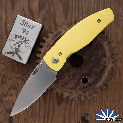 Three Rivers Manufacturing (TRM) Neutron 2 Linerlock, Tumbled 20CV, Sunshine Yellow G10 3D Contoured Lizard Skin Scales