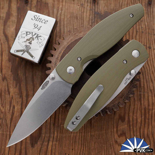 Three Rivers Manufacturing (TRM) Atom Linerlock, 20CV Blade, OD Green G10 Contoured Smooth Handle Scales