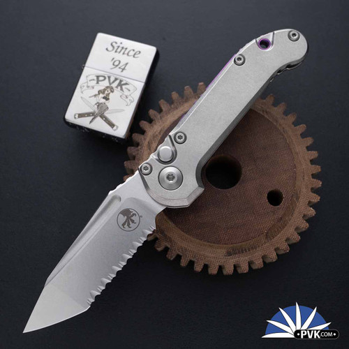 Microtech LUDT Gen 3 1136-12MS5 Stonewashed Full Serrated Tanto Blade, Slabside Titanium Handle Scales W/Purple Ti Accents, Marfione Select