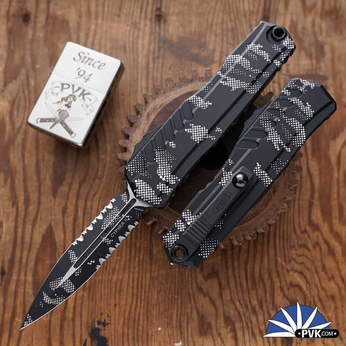 Microtech Cypher Gen 2 1242-2PXC, Double Edge Black Partial Serrated Blade, Pixel Camo Handle