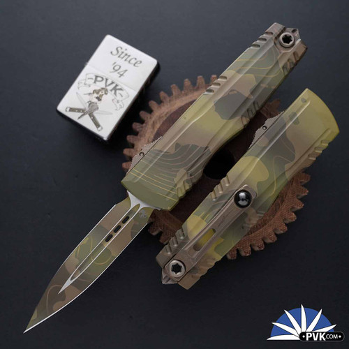 Microtech Luminary ZBP 1270-1TPBNBOCS, Double Edge  Blade, Topographic Badlands/Bazooka Camo W/Tritium Button Insert, Signature Series