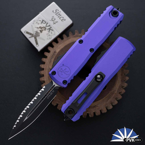 Microtech UTX-85 Gen 4 D/E 12324-3PU Black Full Serrated Double Edge Blade, Purple Handle
