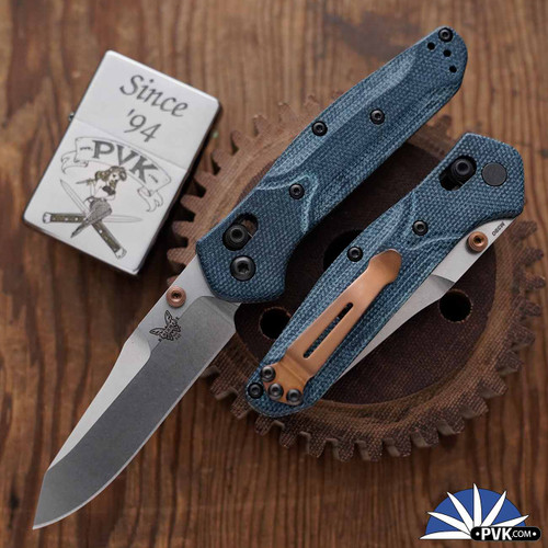 Benchmade 945-04 Mini Osborne, Stonewashed M390 Plain Blade, Denim Micarta Handles