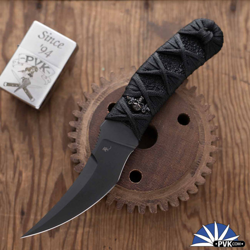 Bastinelli Creations DBS, Black SanMai VG10 Blade, Black Ganpi Kigami Maki Wrap, With Bronze Skull Menuki