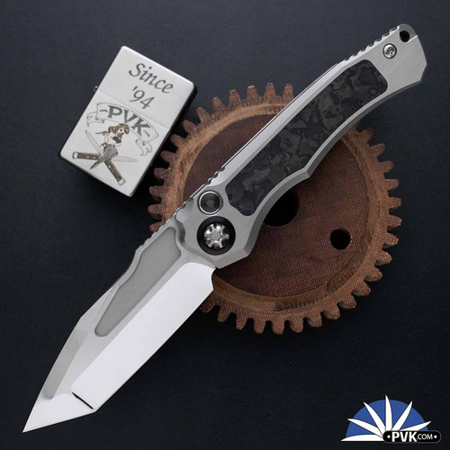 Heretic Knives Custom Wraith V4 Auto M390 Tanto Mirror Polish Blade, Hefted Titanium Handle W/ CarboTi Inlays And Matching Button Inlay