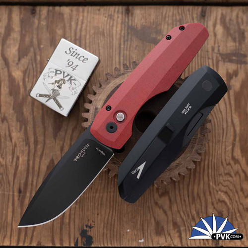 Protech Vero Synapse Auto SHOT26.VERO.1, DLC Magnacut Blade, Red Linen Micarta Lid, Thick Black Handle, Black Lip Pearl Button