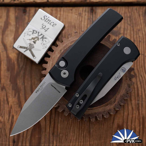 Protech/Chavez Designed Auto RCS1101, Stonewashed MagnaMax Blade, Black Aluminum Handle W/Blasted HW