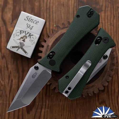 Auxiliary Manufacturing Crossbar Lock Coffin, 14C28N Tanto Blade, Green Micarta Handle, Deadhead Series