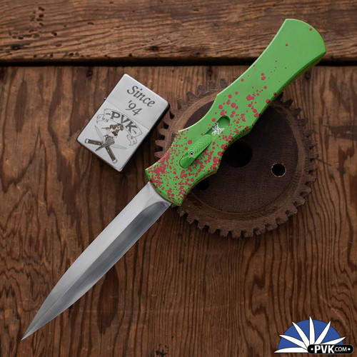 BURN Knives Zombie Razor D/A OTF, 6061 Zombie Splatter Finish Aluminum, Hand Rubbed Satin S90V Dagger Blades, V1