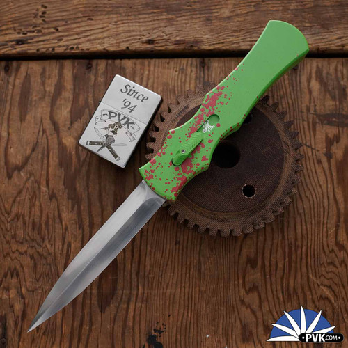 BURN Knives Zombie Razor D/A OTF, 6061 Zombie Splatter Finish Aluminum, Hand Rubbed Satin S90V Dagger Blades, V2