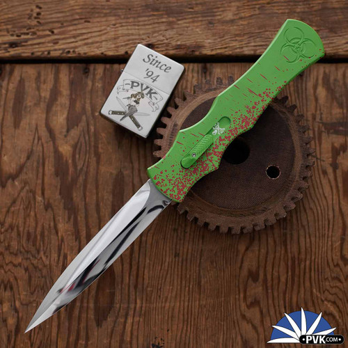 BURN Knives Zombie Razor D/A OTF, 6061 Zombie Splatter Finish Aluminum,  Polished 154CM Dagger Blades, V5