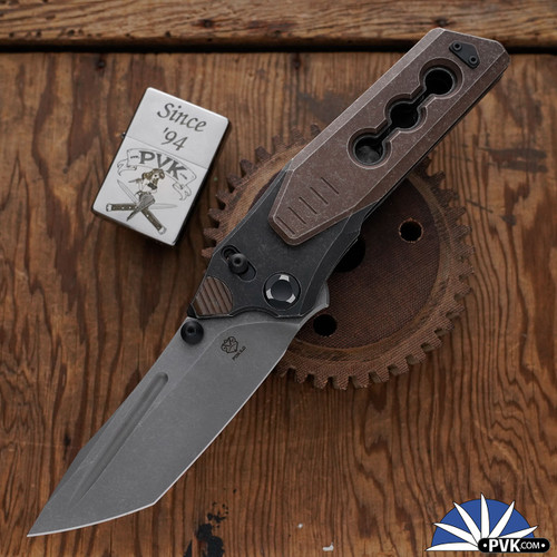 Poikilo Blade X TAS Knives Cyberzuka S2 B, Dark Stonewashed M398 Blade, Rusty Tank Finished Titanium Handles, Pattern B
