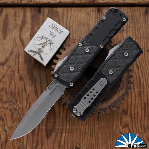 Guardian Tactical Apex, Partial Serrated Stonewashed Magnamax Blade, Black Aluminum Handle W/Carbon Fiber Inlay, 152512