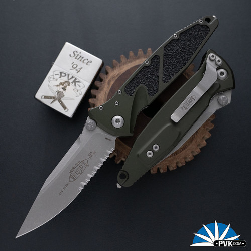 Microtech SOCOM Elite S/E-M 160-11APWL Apocalyptic Partial Serrated Blade, Woodland Green Handles