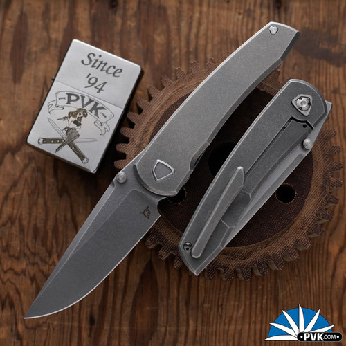Sharknivco Mini Waka, Stonewashed RWL34 Blade, Stonewashed Titanium Handles w/Titanium HW