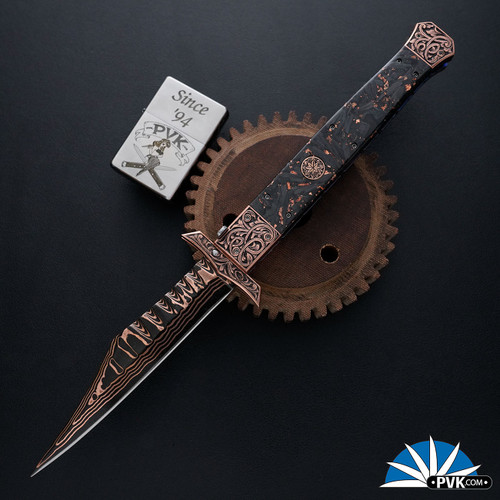 Afaaq Custom Knives Swinguard, Copper Mai Damascus Swagger Blade, Hand Engraved Copper Bolsters W/ Copper Flake Carbon Fiber Handles, Purple Anodized And Fileworked Titanium Liners