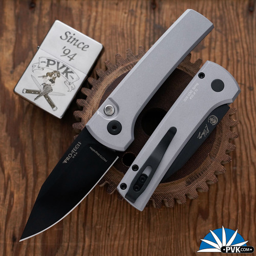 Protech/Chavez Scapegoat Compact CCKSS26-SCAPEGOAT-2, DLC MagnaMax Blade, Solid Grey Aluminum Handle, Black Lip Pearl Button W/Black HW
