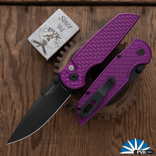 Protech TR-3 Integrity Thumbstud Manual CCKSS25.INT.1, DLC Magnacut Blade, Relic Textured Purple Handle, Black Lip Pearl Button