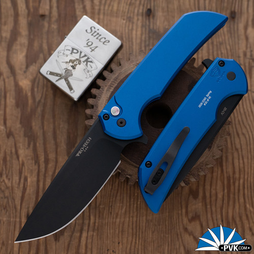 Protech Mordax Plunge Lock Flipper CCKSS26.MORDAX.1, DLC 20CV Blade, Blue Handle, Black Lip Pearl Button, Black HW