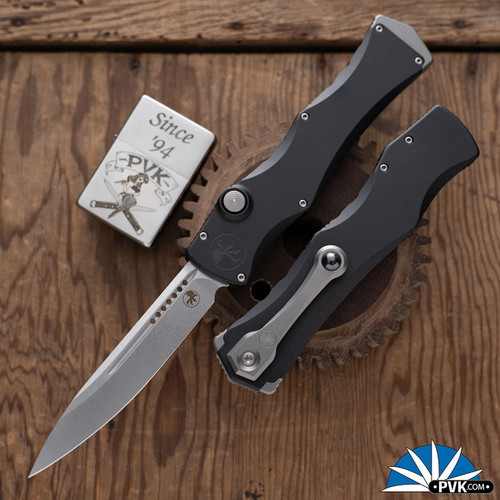 Microtech Halo IV 1150-10MS1 Stonewashed Single Edge Blade, Black Handle, Marfione Select