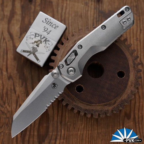 Microtech Standard Issue Mini (MSI) 210M-11MS3, Stonewashed Partial Serrated Blade, Ram-Lok Stonewashed Slab Side Titanium Handle W/Blue Ti Accents