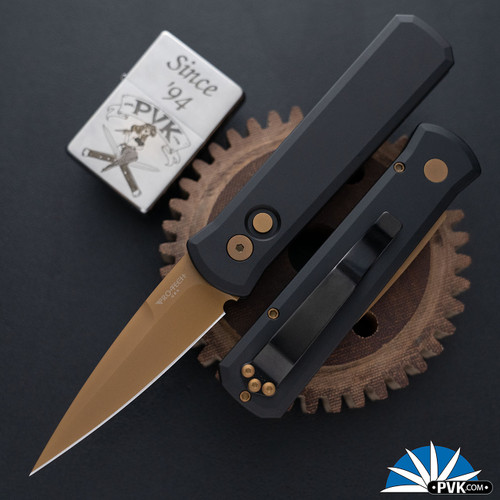Protech Godson Auto 721-TAN, Tan PVD Blade, Black Handle W/Tan PVD HW