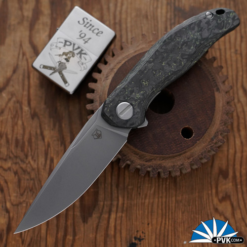 Shirogorov CCKS 2026 Limited Edition Stellar, Stonewashed MagnaCut Drop Point Blade, Machined Exclusive TechnoCarbo Handles W/HiTex Chip and Cova Leather Pouch