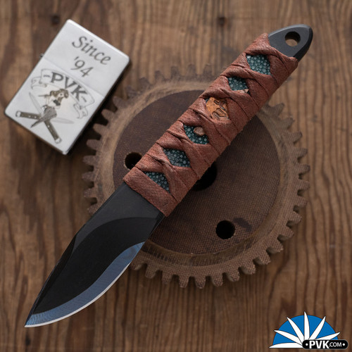 Warren Thomas Custom 7" Fixed Blade,  Grade 5 Titanium And Black Composite Laminate, Tan Wrapped Handle, Green Stingray, G10 Menuki