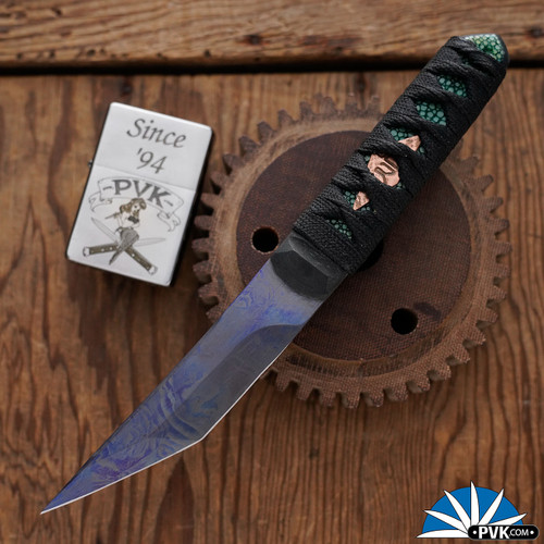 Warren Thomas Custom 8" Tanto Fixed Blade,  Grade 5 Titanium And Black Composite Laminate, Wrapped Handle, Green Stingray, G10 Menuki