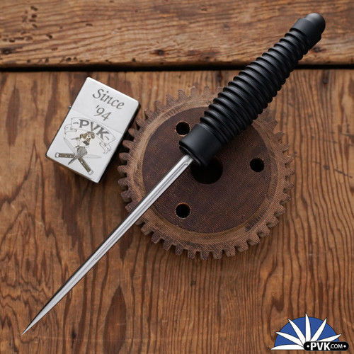 Bastinelli Creations Custom Fairbairn Icepick, Black Aluminum Handle, OD green And Clear Sheath