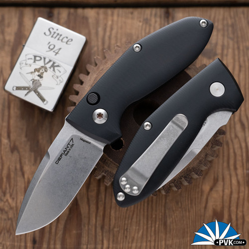 Defiant 7 Alpha Auto, Stonewashed CPM-Magnacut, Black Handle