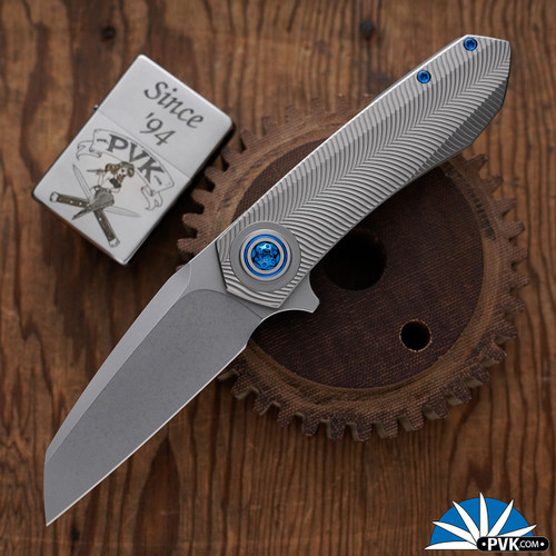 Skiff Made Blades Asylum #168, Stonewashed S45VN Blade, Milled Titanium Scales, Royal Blue Anodized Ti Hardware