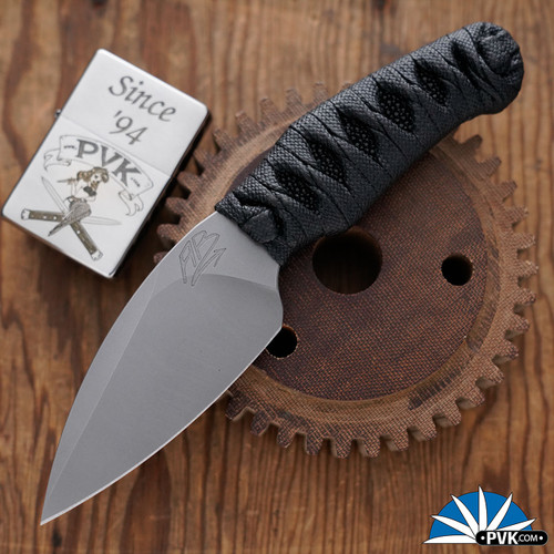 Aaron Bieber 302 Fixed Blade, Stonewashed Magnacut Wharncliffe Blade, Black Rayskin Liner, Black Cord Wrapped