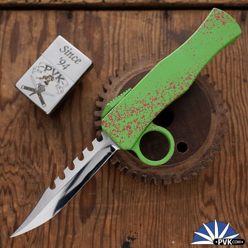 BURN Custom OTF Zombie Tomb Raider, 6061 Zombie Splatter Finish Aluminum, Hand Ground Ripper With Two-Tone Polished/ Satin Finish 154CM Blade, V1