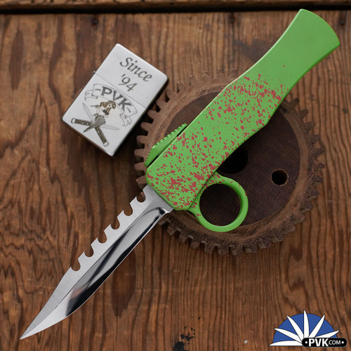 BURN Custom OTF Zombie Tomb Raider, 6061 Zombie Splatter Finish Aluminum, Hand Ground Ripper With Two-Tone Polished/ Satin Finish 154CM Blade, V2
