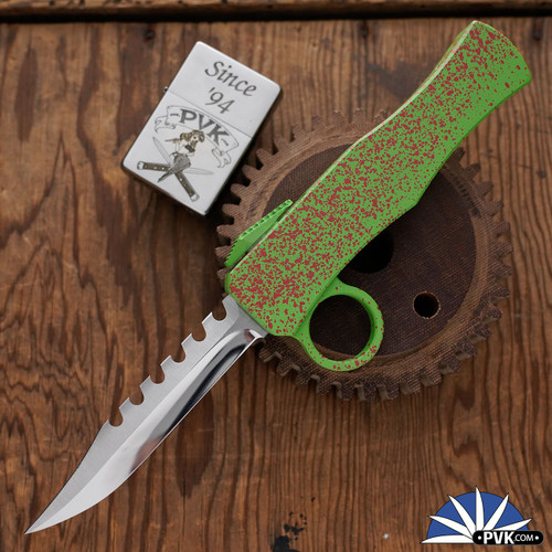 BURN Custom OTF Zombie Tomb Raider, 6061 Zombie Splatter Finish Aluminum, Hand Ground Ripper With Two-Tone Polished/ Satin Finish 154CM Blade, V3