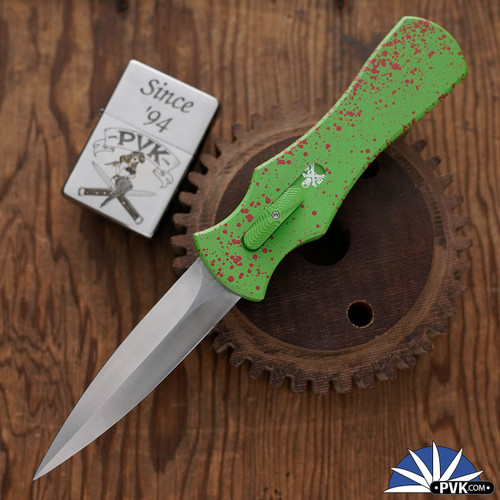 BURN Knives Zombie Palm Viper D/A OTF, 6061 Zombie Splatter Finish Aluminum, Hand Ground 154CM Dagger Blade With Machine Satin Finish, V2