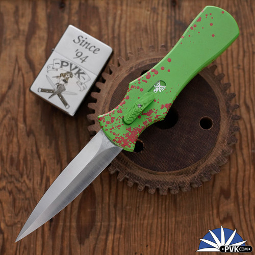 BURN Knives Zombie Palm Viper D/A OTF, 6061 Zombie Splatter Finish Aluminum, Hand Ground 154CM Dagger Blade With Machine Satin Finish, V3