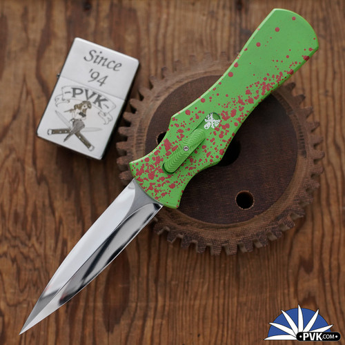 BURN Knives Zombie Palm Viper D/A OTF, 6061 Zombie Splatter Finish Aluminum, Hand Ground 154CM Dagger Blade With Polished Grinds, V1