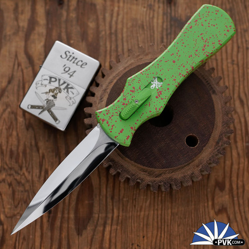 BURN Knives Zombie Palm Viper D/A OTF, 6061 Zombie Splatter Finish Aluminum, Hand Ground 154CM Dagger Blade With Polished Grinds, V2