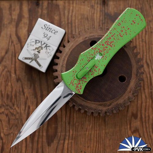 BURN Knives Zombie Palm Viper D/A OTF, 6061 Zombie Splatter Finish Aluminum, Hand Ground 154CM Dagger Blade With Polished Grinds, V3