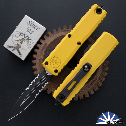 Microtech UTX-85 Gen 4 D/E 12324-2YW Black Partial Serrated Double Edge Blade, Yellow Handle
