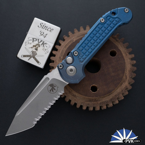 Microtech LUDT Gen 3 1136-12APFRMS2, Apocalyptic Full Serrated Tanto Blade, Antique Blue Anodized Titanium Handles W/ Frag Pattern, Blue Accent Backspacer, Marfione Select
