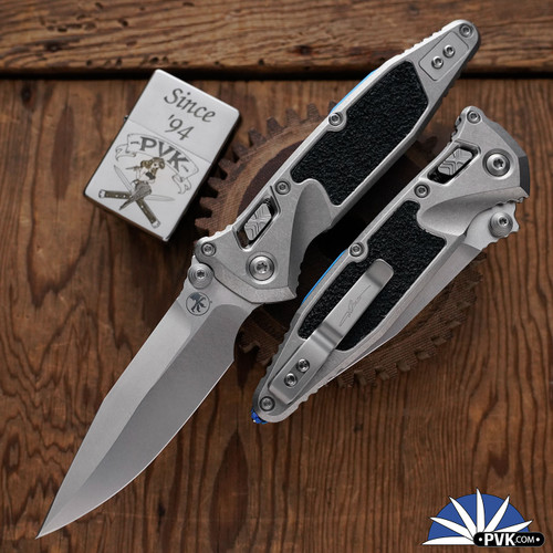 Microtech SOCOM Elite RAM-LOK 160RL-10SMS3, Stonewashed Spear Point Blade, Stonewashed Titanium Handle W/Textured Inlay And Blue Ti Accents