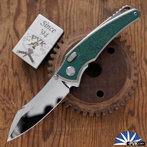 Hawk Knives Talon Marfione Hand Ground Mirror Polish M390 Blade, Vintage Green Paper Micarta Handle Scales
