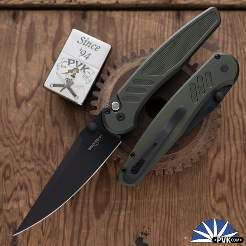 Protech/Peace Neighbor Designed Manual Avalon, BST26.Avalon.1, Black DLC Magnacut Blade, Knurled Green Aluminum Handle W/ Black Lip Pearl Button